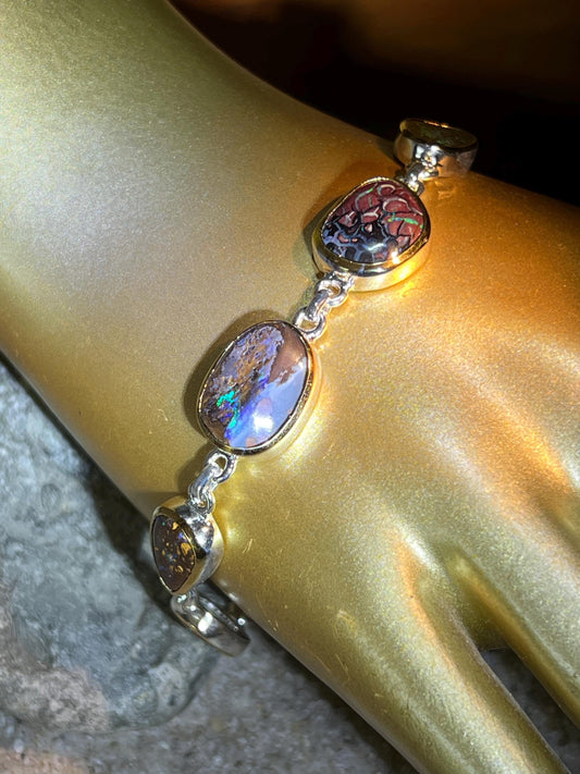 9 Boulder Opale in 18Kt Goldvermeil Fassung Gliederarmband deutsche Handarbeit