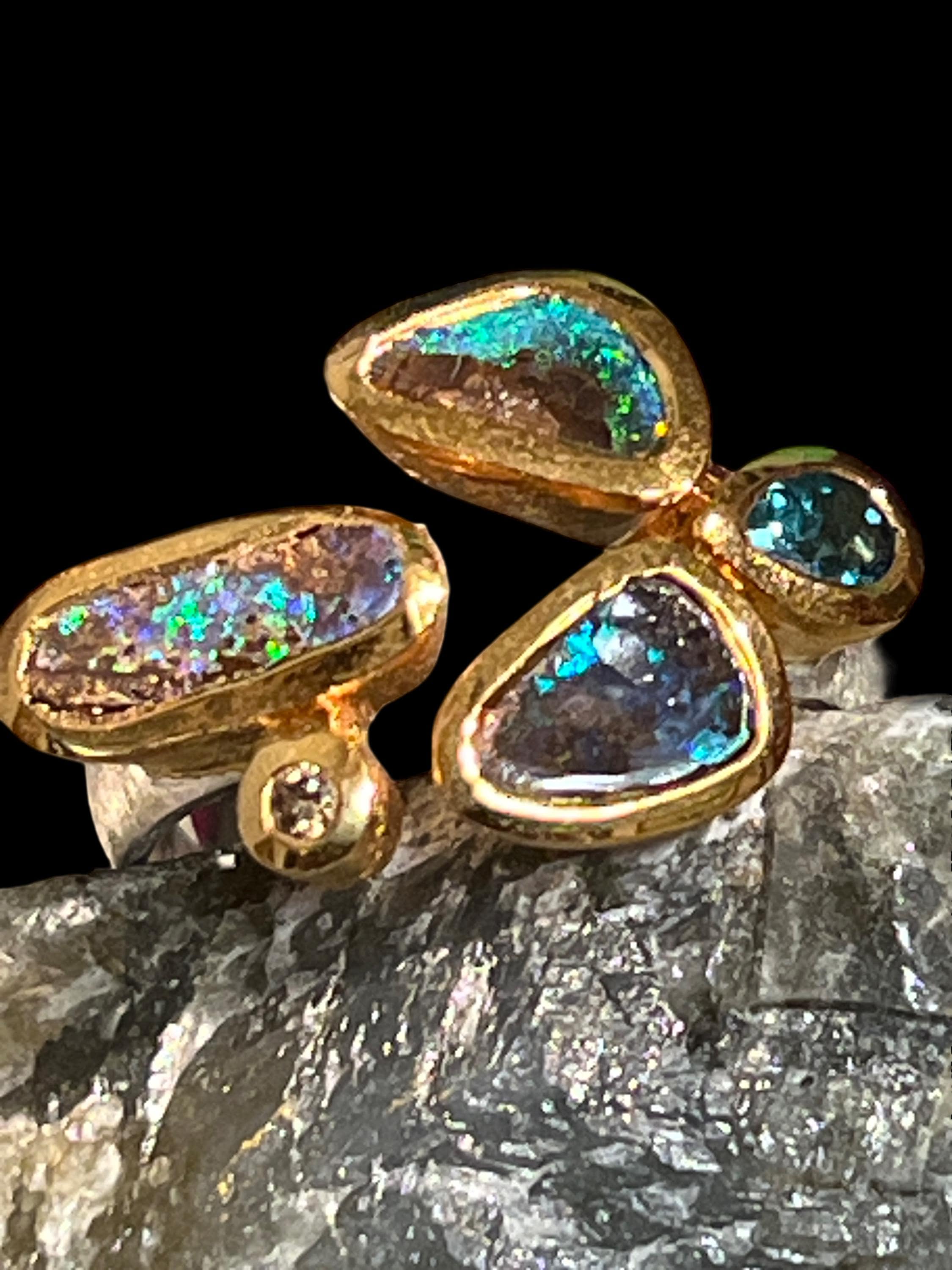 Boulderopale und Indigolit in 18kt Vermeilfassung mit Naturdiamant  deutsche Handarbeit