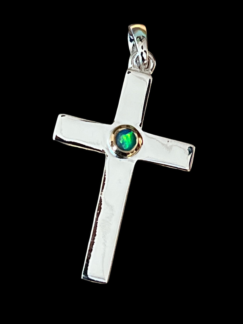 Sterlingsilber Kreuz mit natürlichem Schwarzopal 18kt Goldvermeilfassung deutsche massive Arbeit