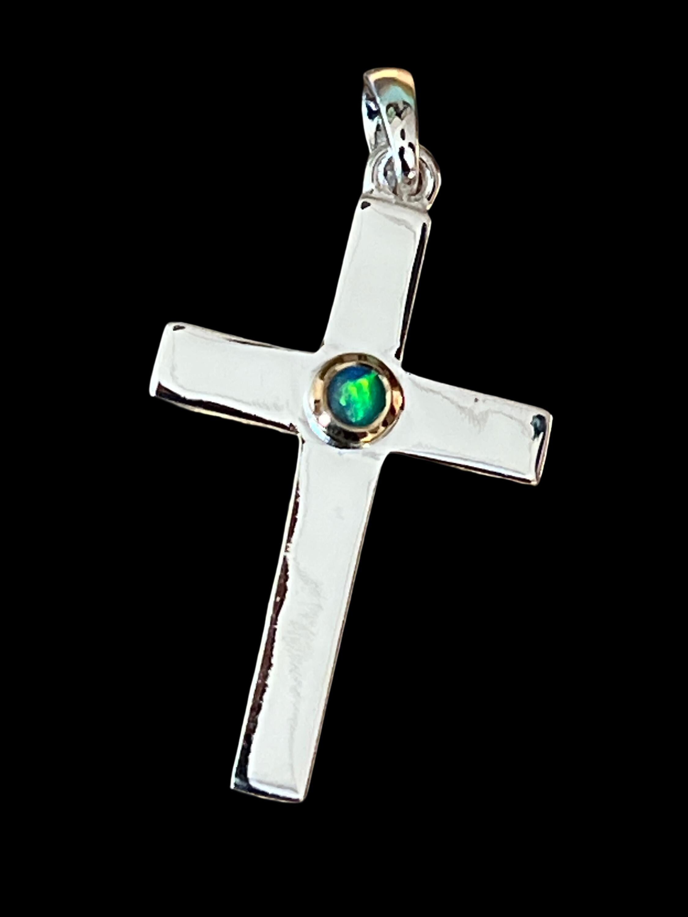 Sterlingsilber Kreuz mit natürlichem Schwarzopal 18kt Goldvermeilfassung deutsche massive Arbeit
