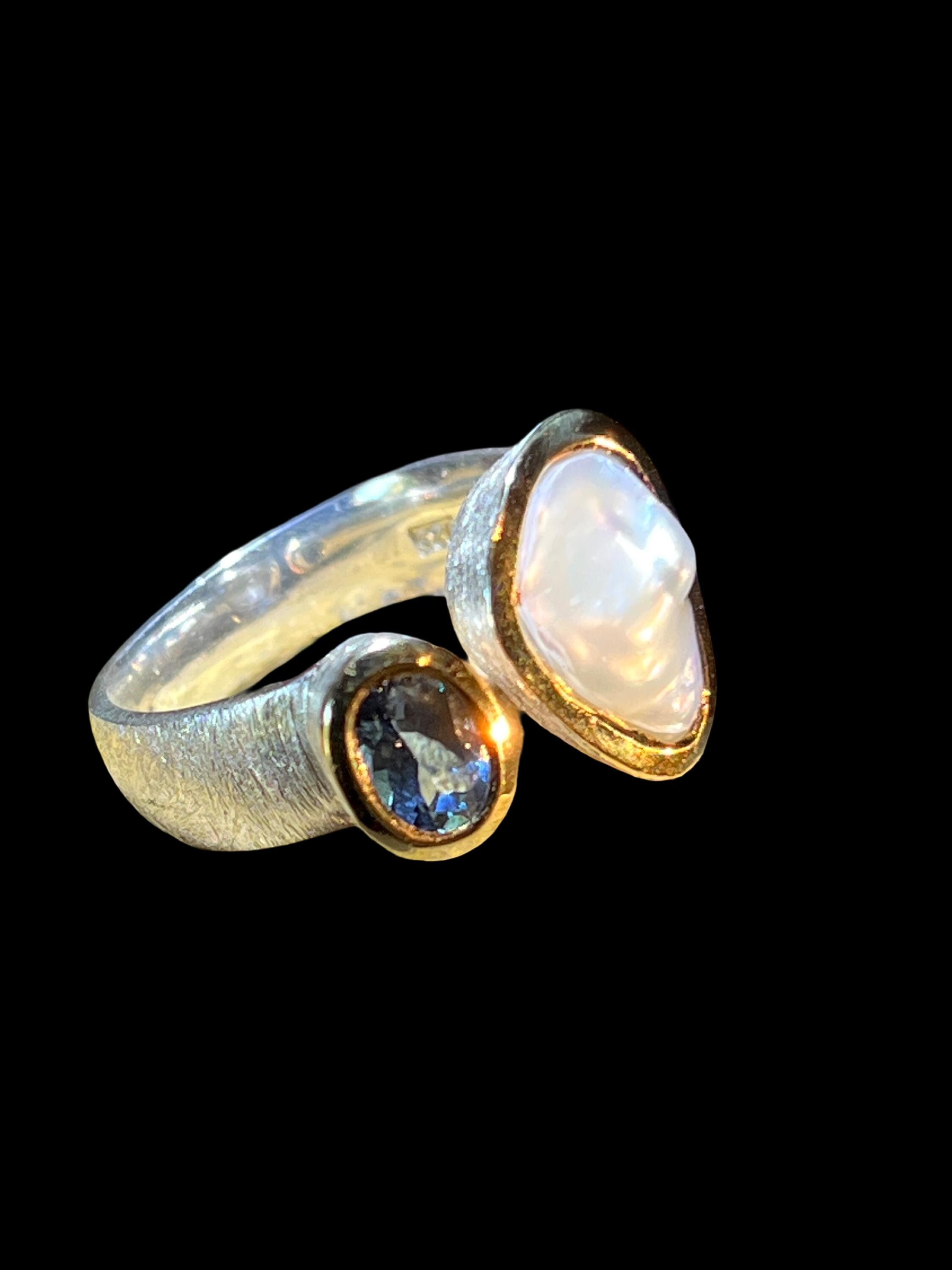 Indigoturmalin mit Barockperle Sterling Silberring Goldvermeil 5micron deutsche Qualitätsarbeit