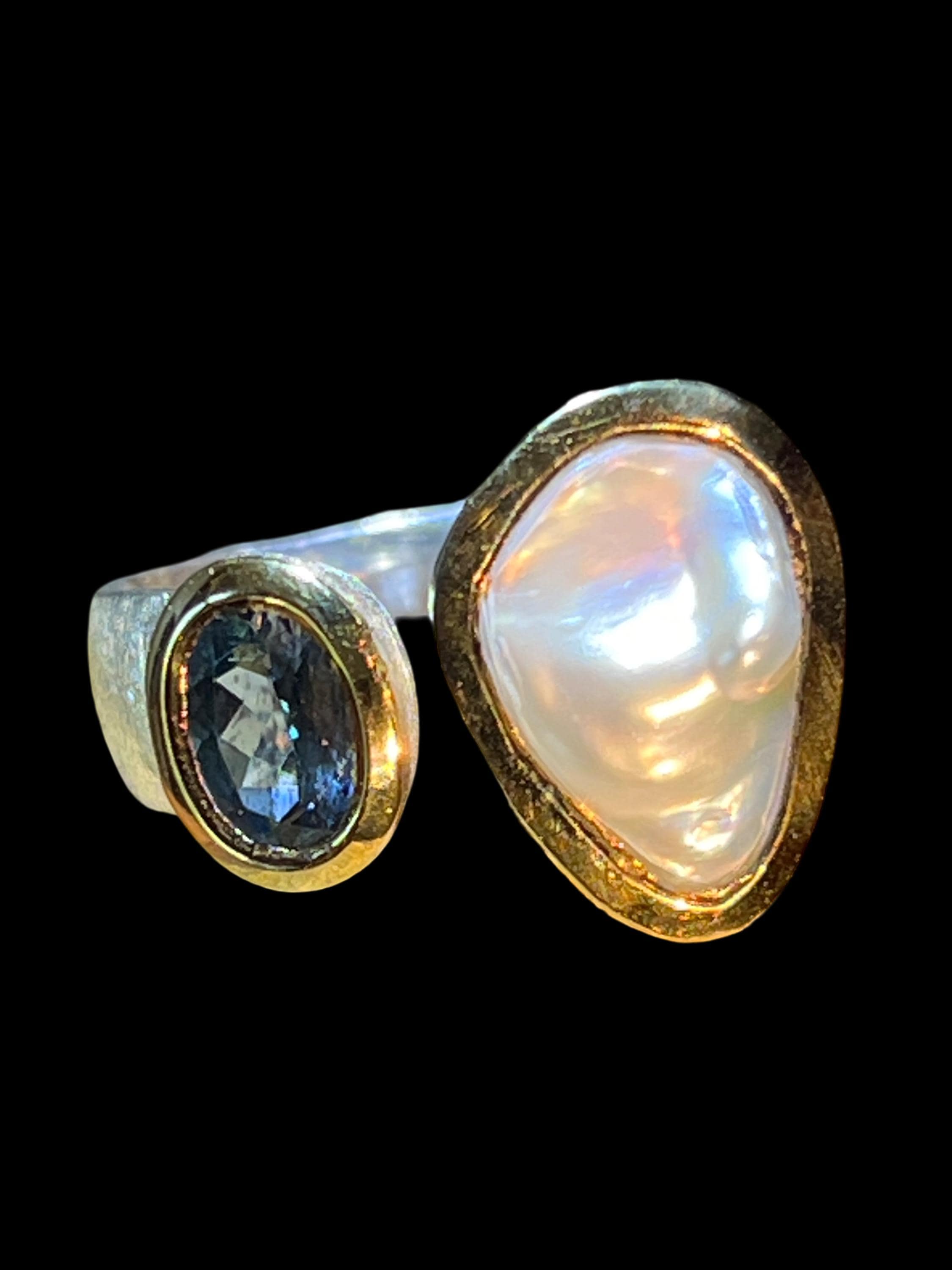 Indigoturmalin mit Barockperle Sterling Silberring Goldvermeil 5micron deutsche Qualitätsarbeit