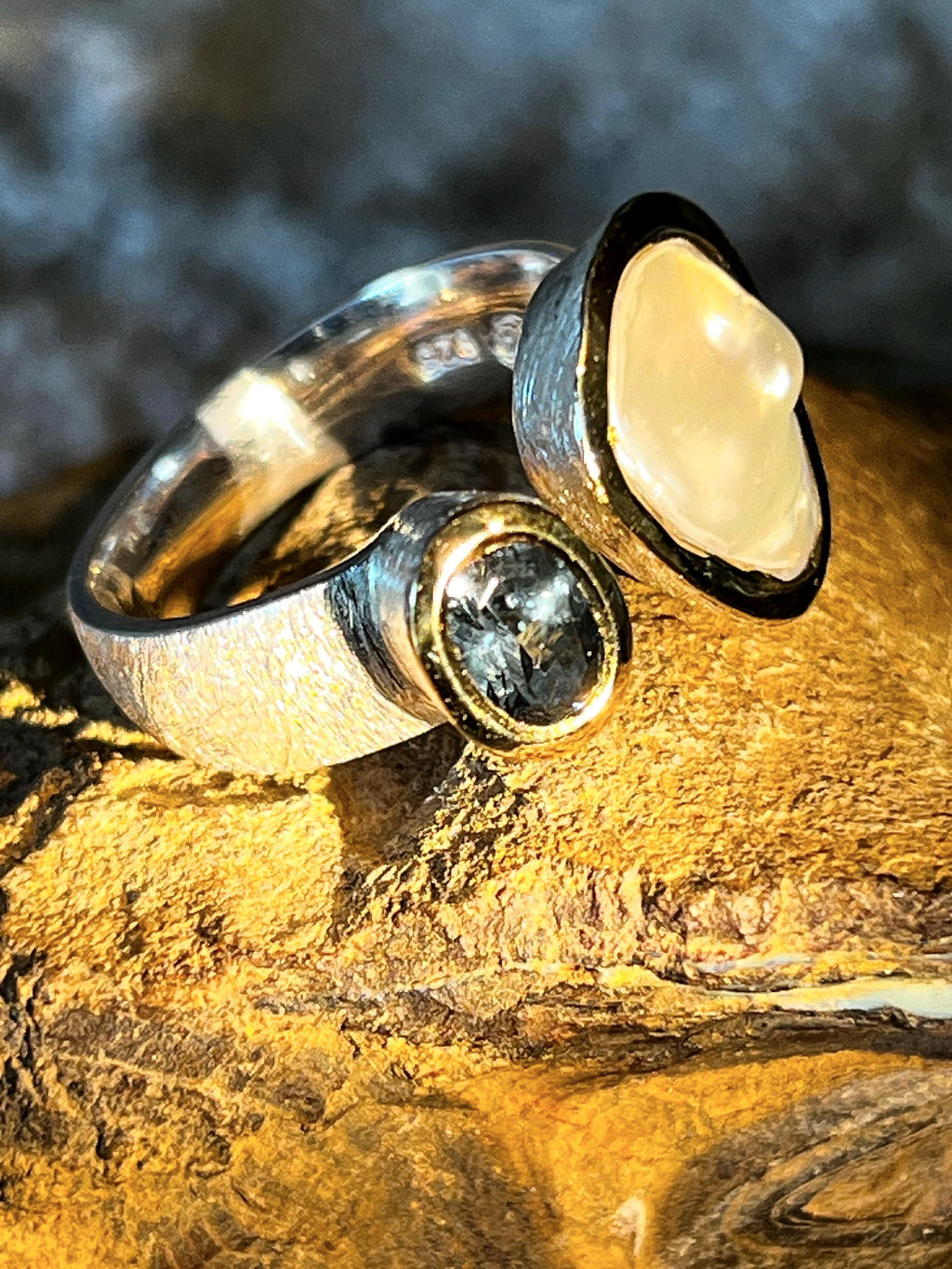 Indigoturmalin mit Barockperle Sterling Silberring Goldvermeil 5micron deutsche Qualitätsarbeit