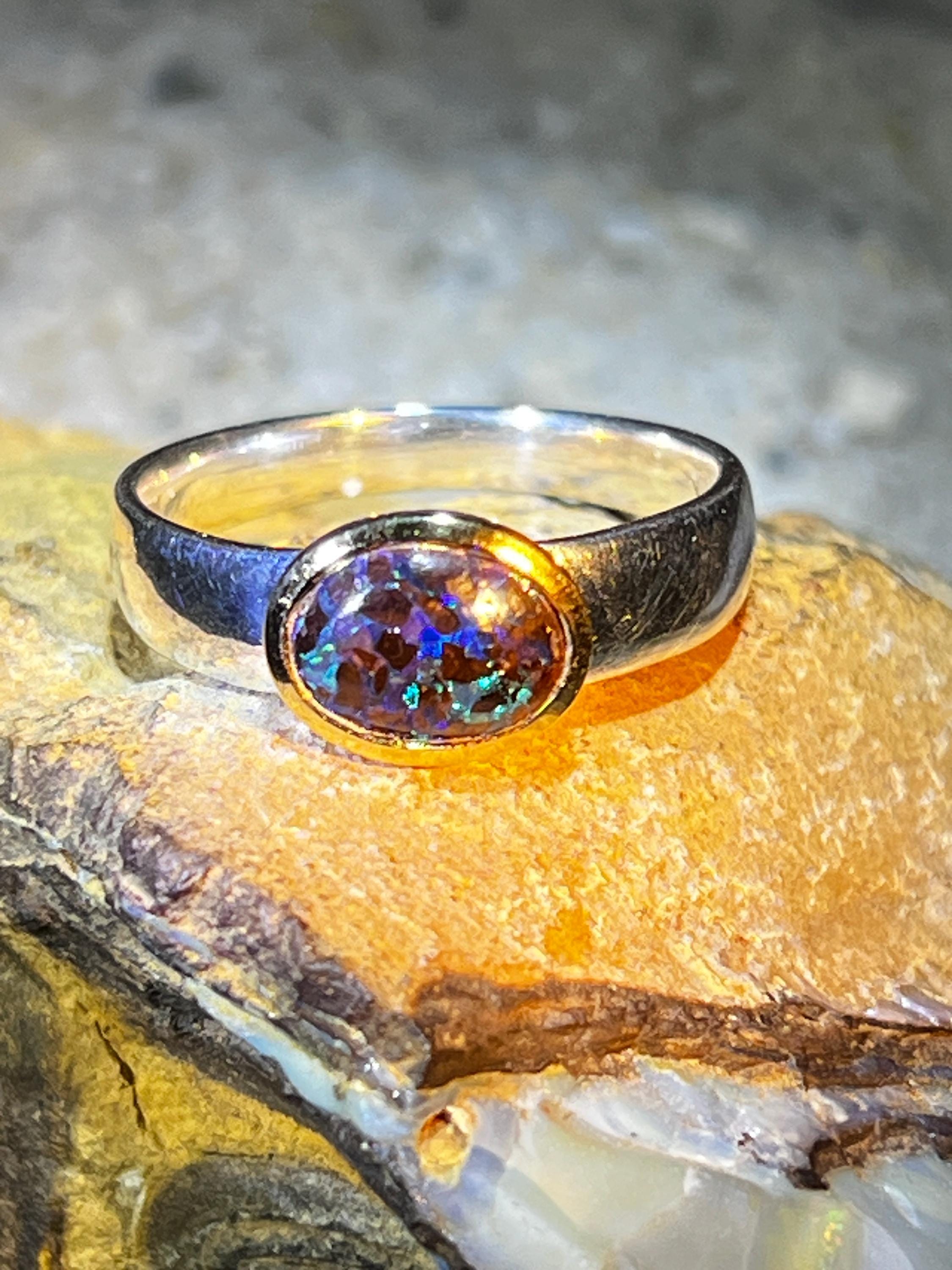 Schwarzopal Tagespreis  Sterlingsilberring mit18kt Goldvermeil Fassung deutsche Handarbeit