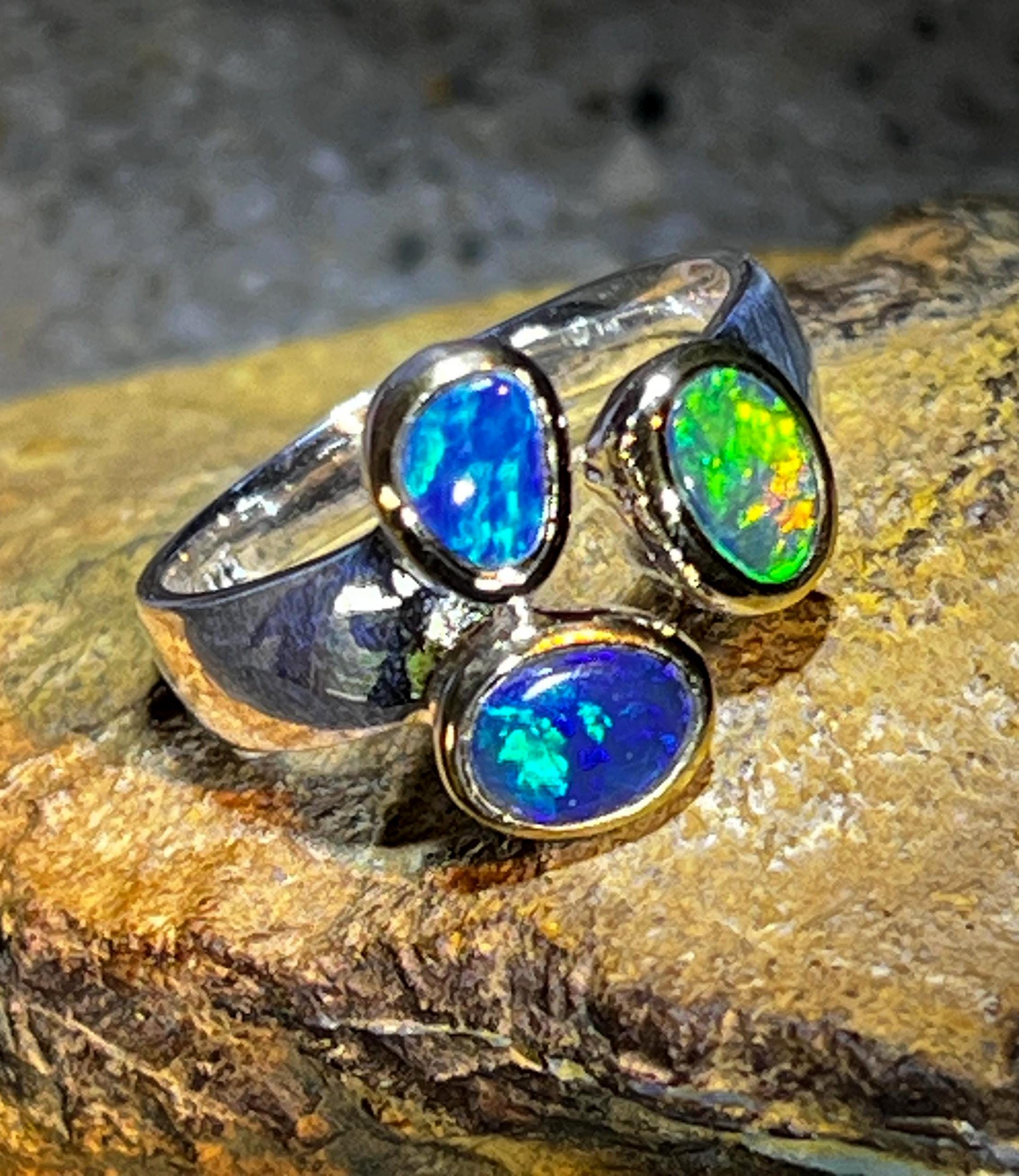 Starke Liebe schwarze Opale in Sterlingsilber mit 18Kt Goldvermeil Fassung deutsche Handarbeit