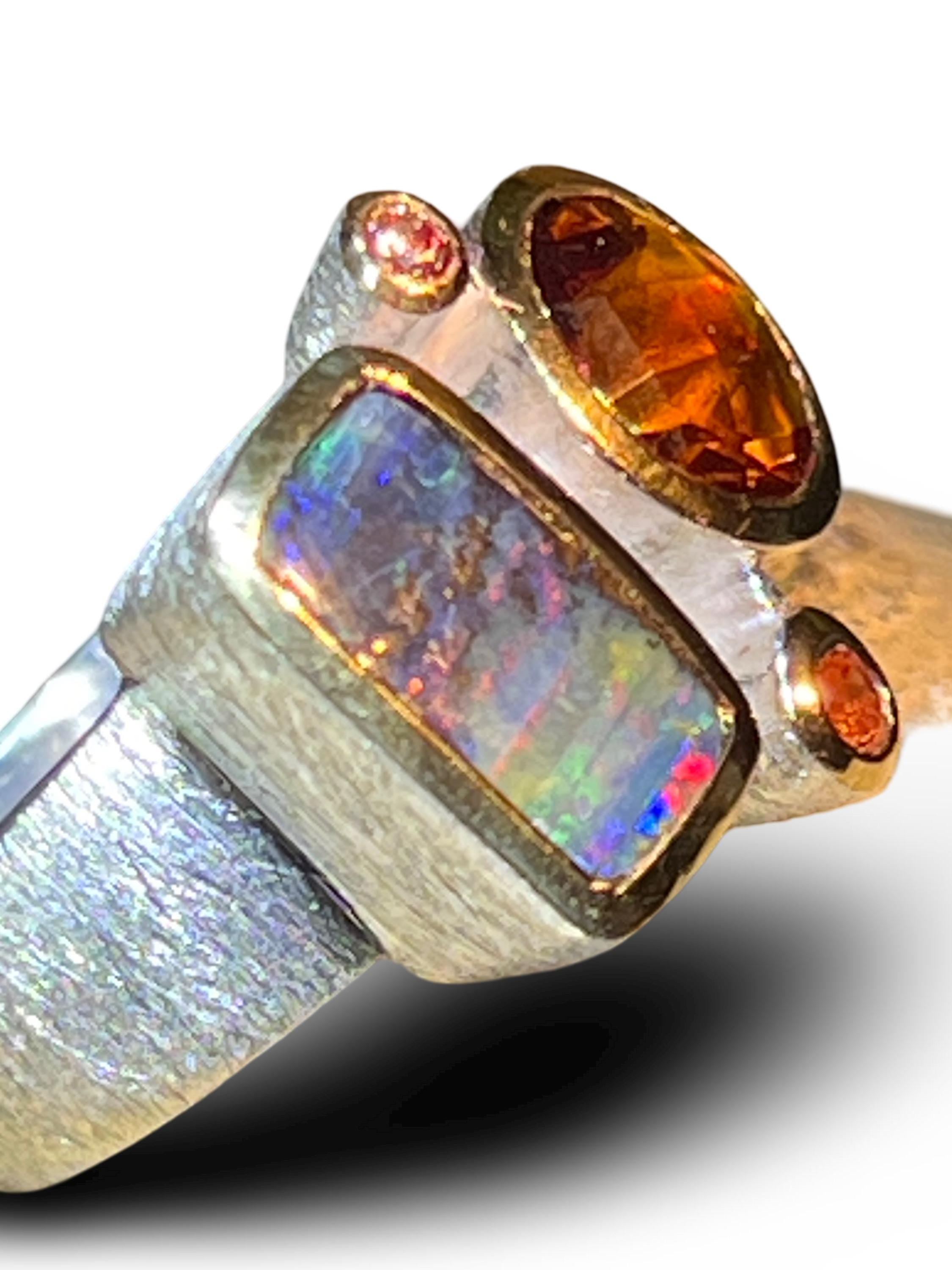 Gustav Klimt Opal mit Madagaskar Turmalin Ring in Sterlingsilber und 18Kt Gold Vermeil Fassung  deutsche Handarbeit