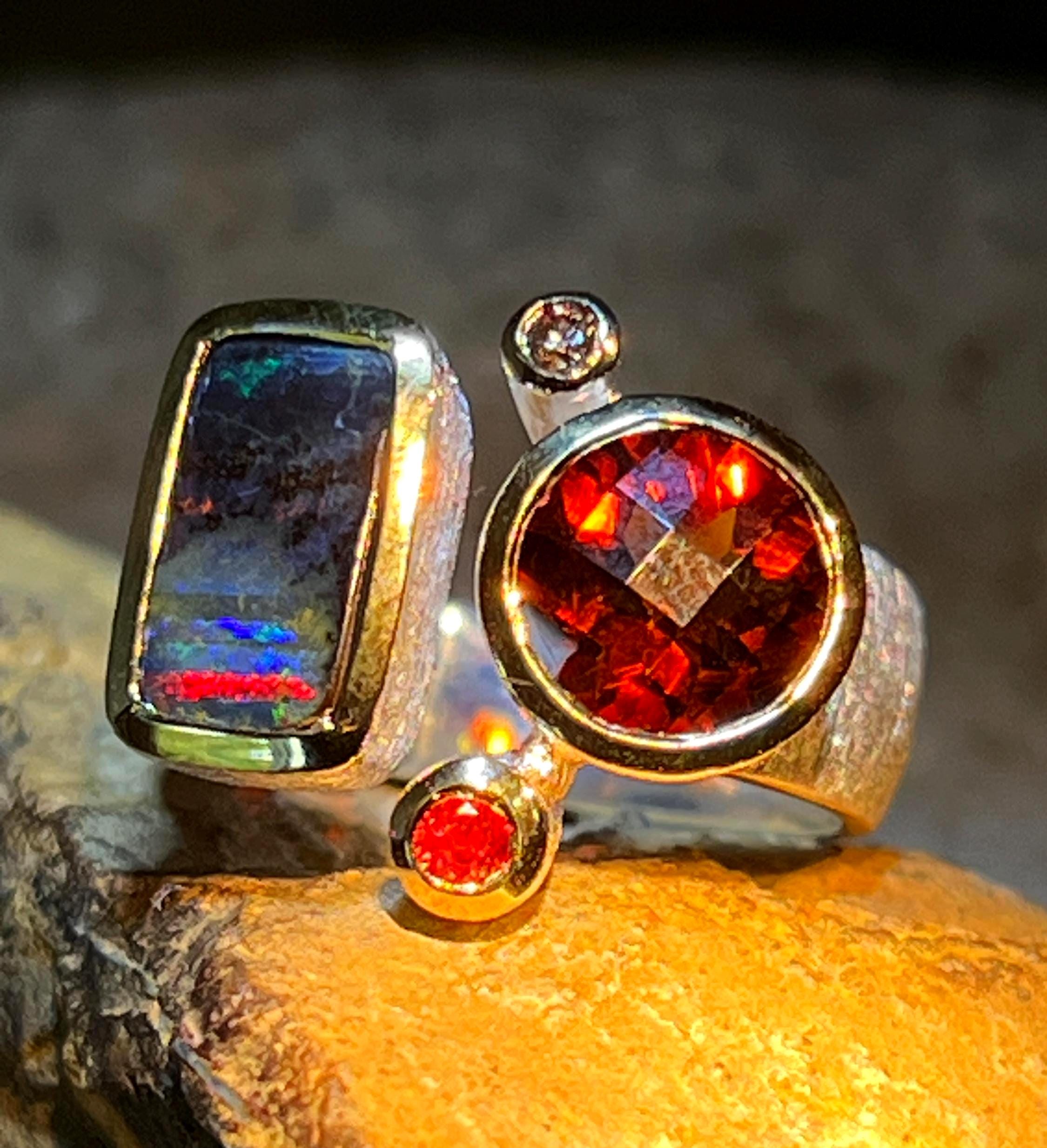 Gustav Klimt Opal mit Madagaskar Turmalin Ring in Sterlingsilber und 18Kt Gold Vermeil Fassung  deutsche Handarbeit