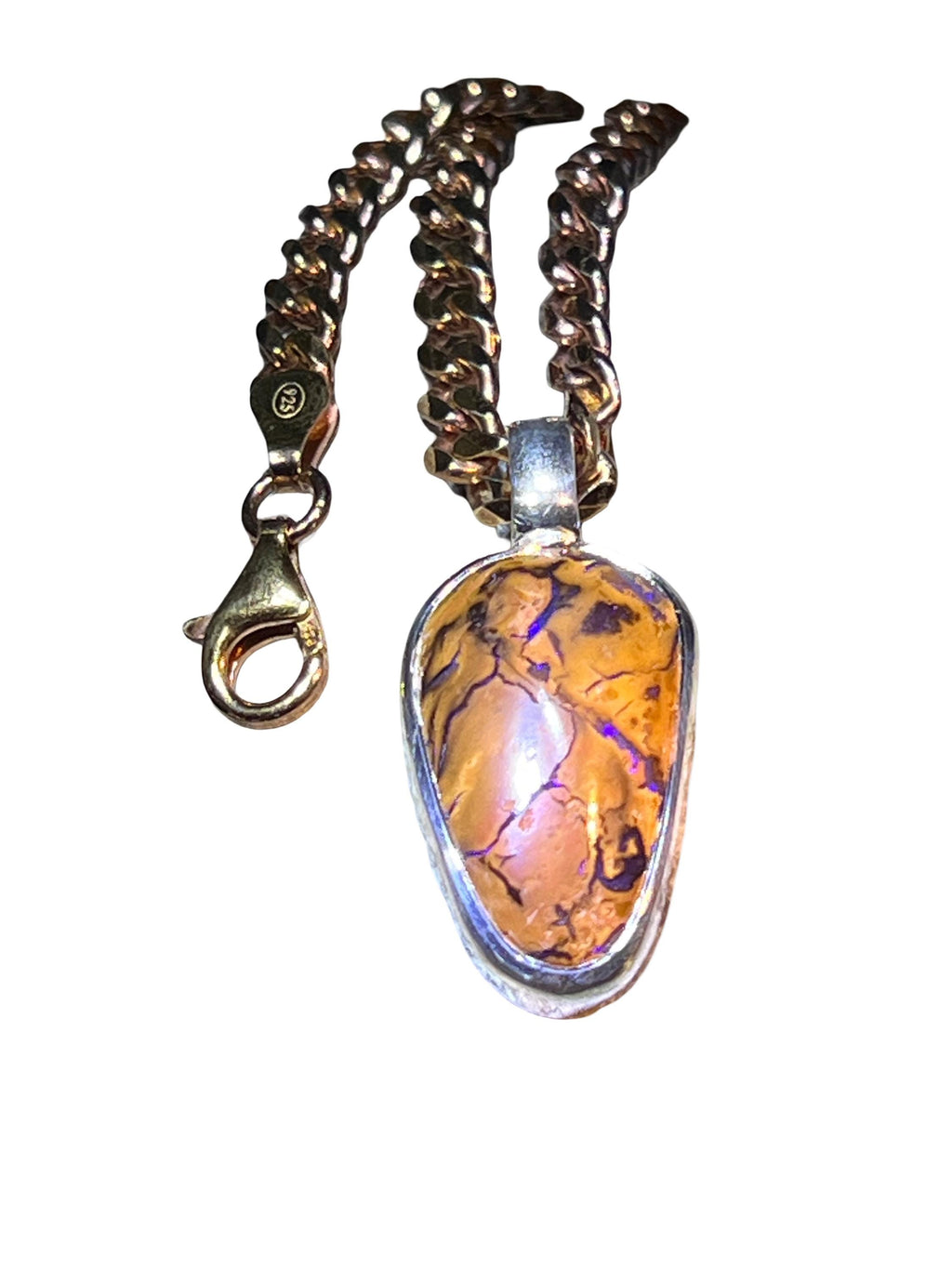 Boulder Opal opulent blaumetallic an Sterlingsilber Rotgoldkette deutsche Handarbeit