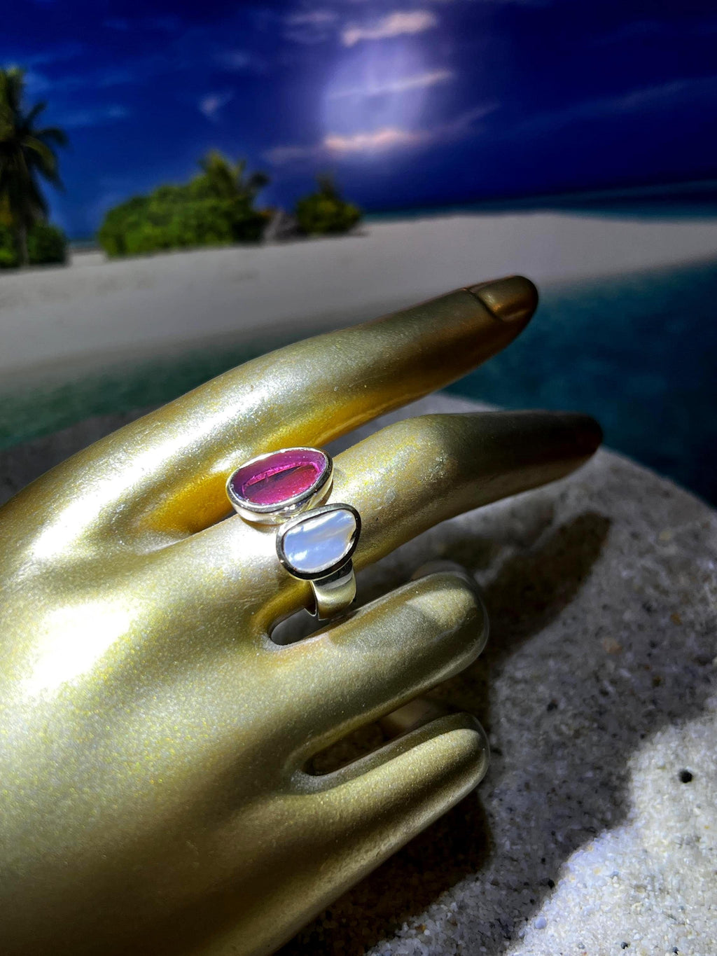 Wassermelonenturmalin Tagespreis  und Naturperle in Sterlingsilber mit Goldvermeil Fassung