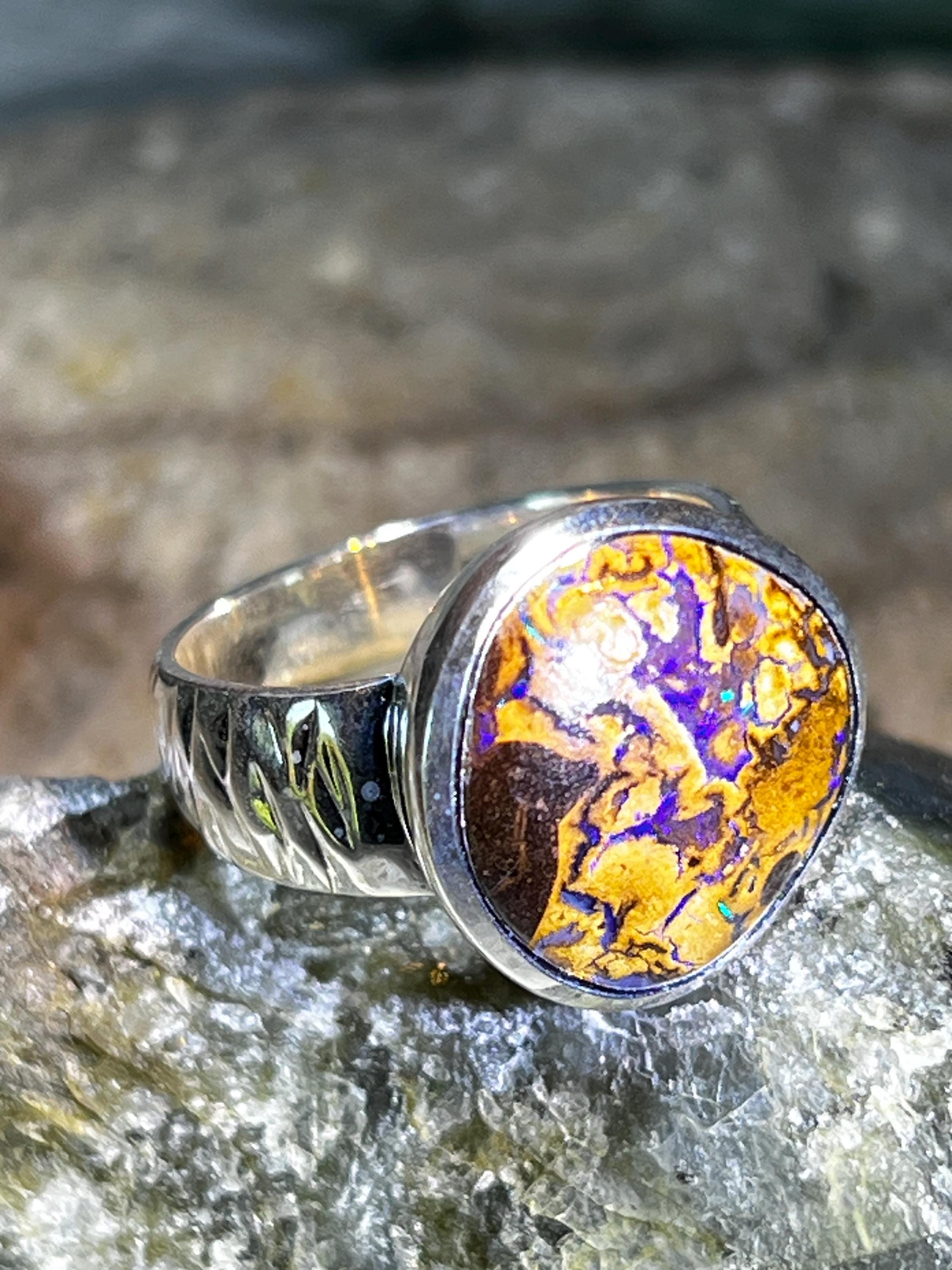 Boulder Opal Sonntagspreis Kristallspur Opulent Azurblau Sterlingsilberring deutsche Handarbeit