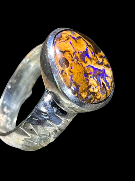 Boulder Opal Sonntagspreis Kristallspur Opulent Azurblau Sterlingsilberring deutsche Handarbeit