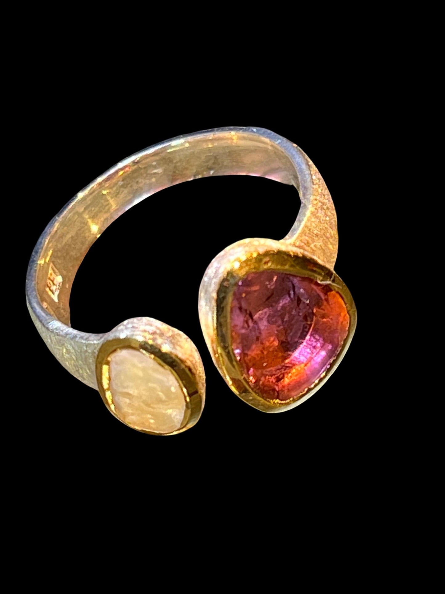 Wassermelonenturmalin und Naturperle in 18Kt Goldvermeil Fassung Ring in Sterling Silber