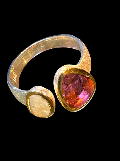 Wassermelonenturmalin und Naturperle in 18Kt Goldvermeil Fassung Ring in Sterling Silber