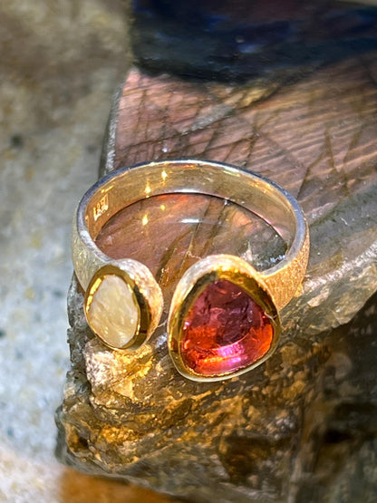 Wassermelonenturmalin und Naturperle in 18Kt Goldvermeil Fassung Ring in Sterling Silber
