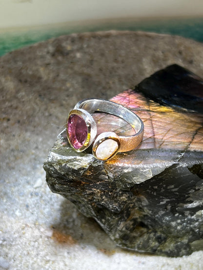 Wassermelonenturmalin und Naturperle in 18Kt Goldvermeil Fassung Ring in Sterling Silber