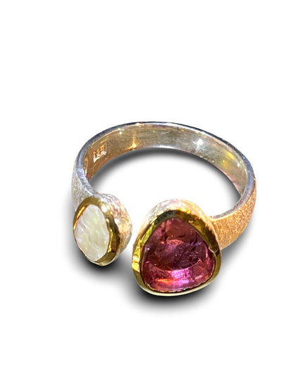 Wassermelonenturmalin und Naturperle in 18Kt Goldvermeil Fassung Ring in Sterling Silber