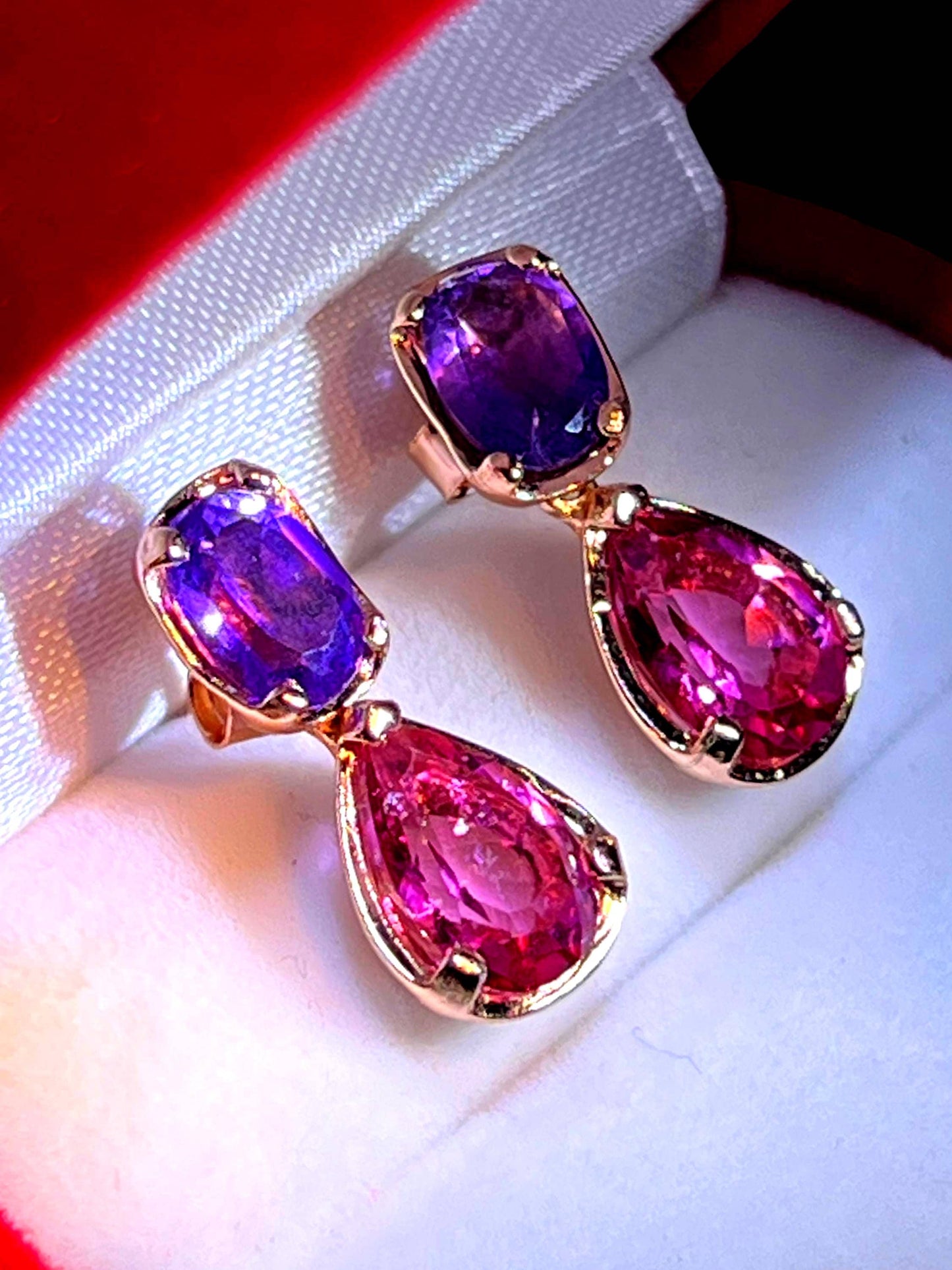 Mystische Edelstein Ohrringe Amethyst und Topas 18Kt Goldvermeil Fassung