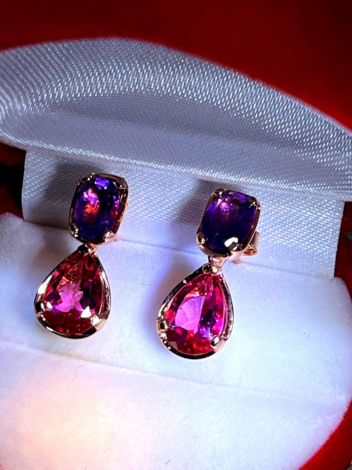 Mystische Edelstein Ohrringe Amethyst und Topas 18Kt Goldvermeil Fassung