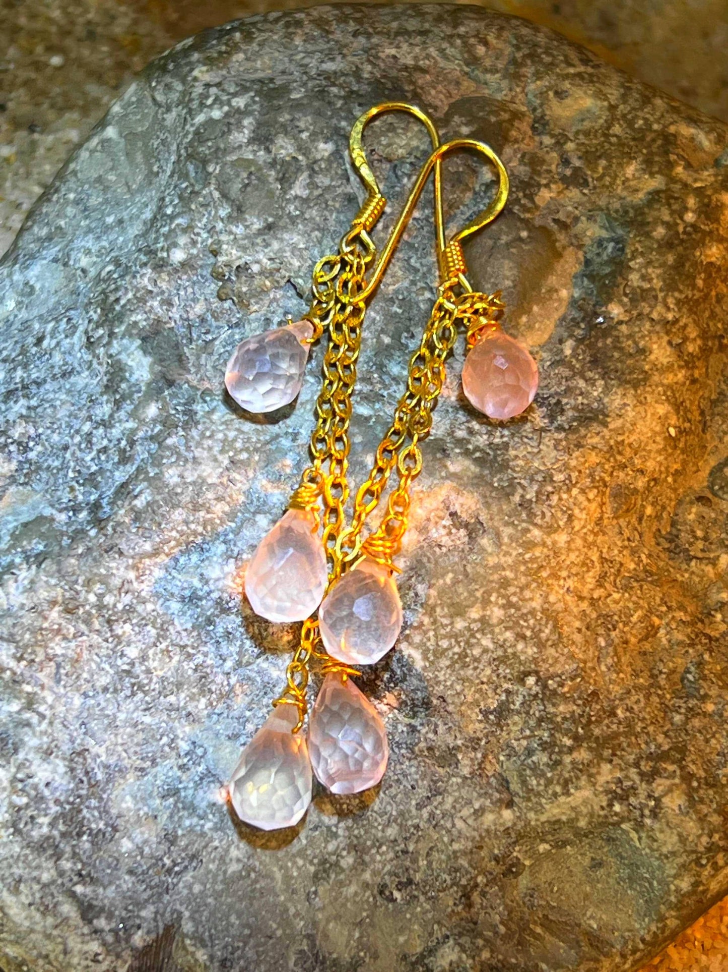 Mein Preis  Rosenquarz 6 Naturtropfen in Sterlingsilber 18Kt Goldvermeil Hängeohrringe